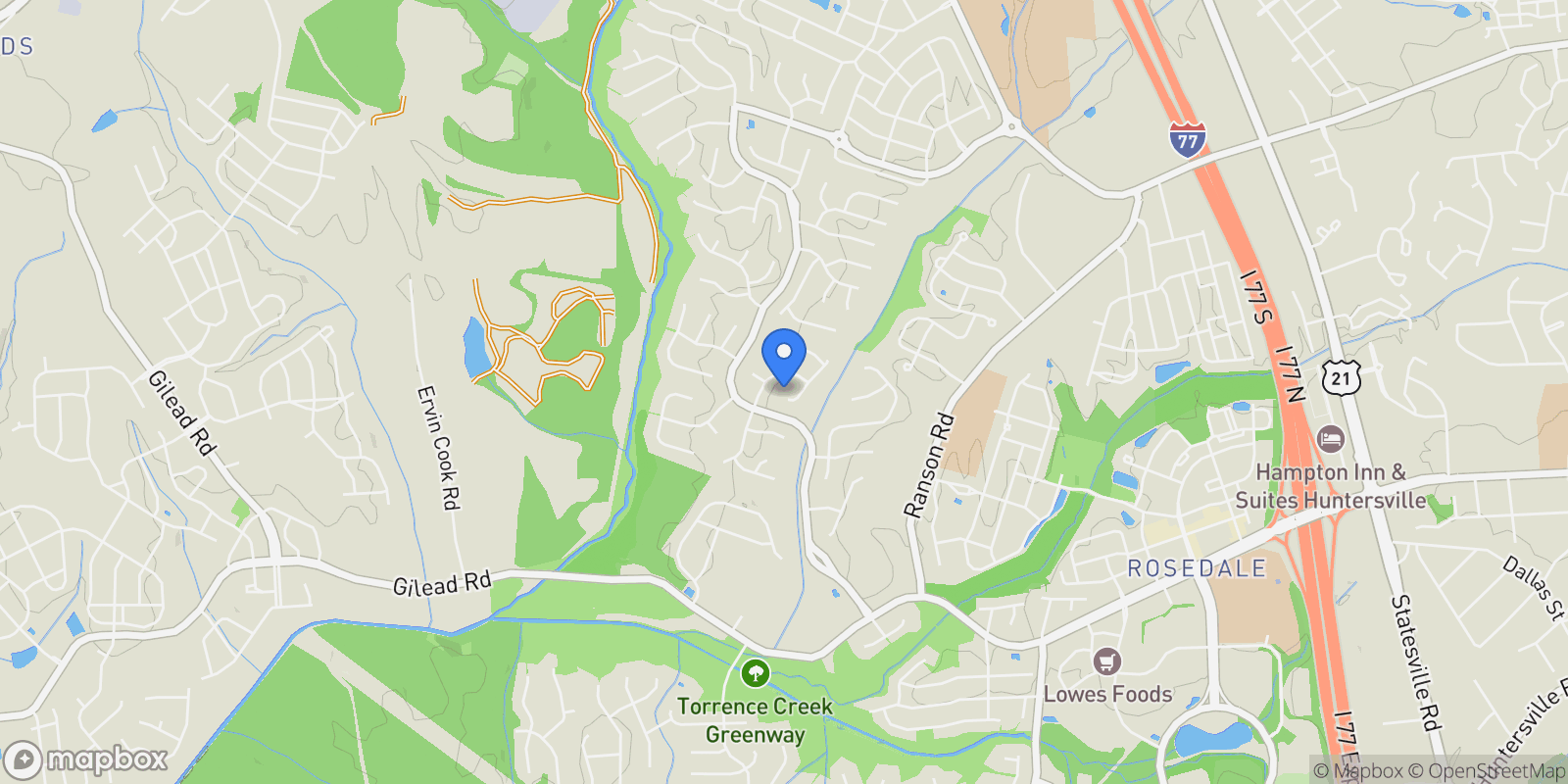 Map showing 14803 Middlethorpe Lane, Huntersville, NC 28078, Huntersville, North Carolina, United States.