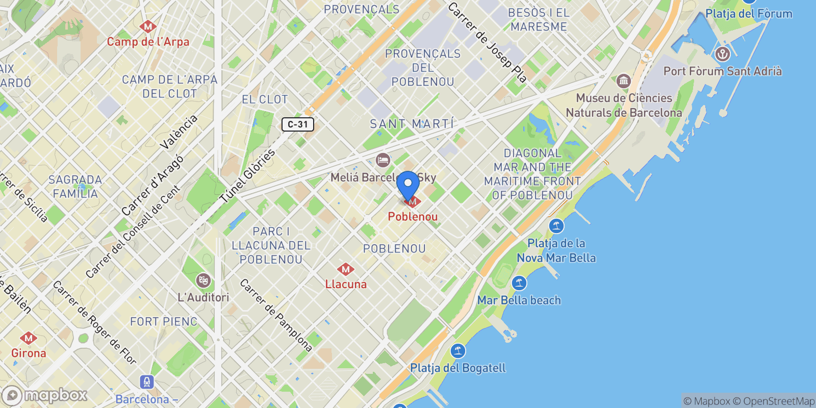 Map showing El Poblenou, Sant Martí, Barcelona, Spain, Sant Marti, Barcelona, Spain.