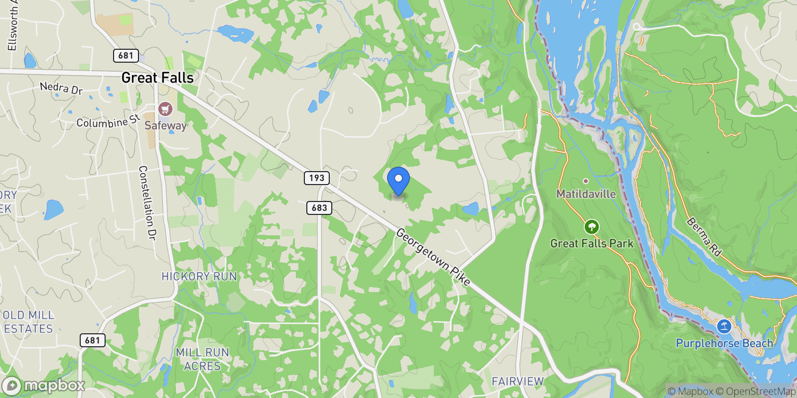 Map showing 9324 Georgetown Pike, Great Falls, VA 22066, Great Falls, Virginia, United States.