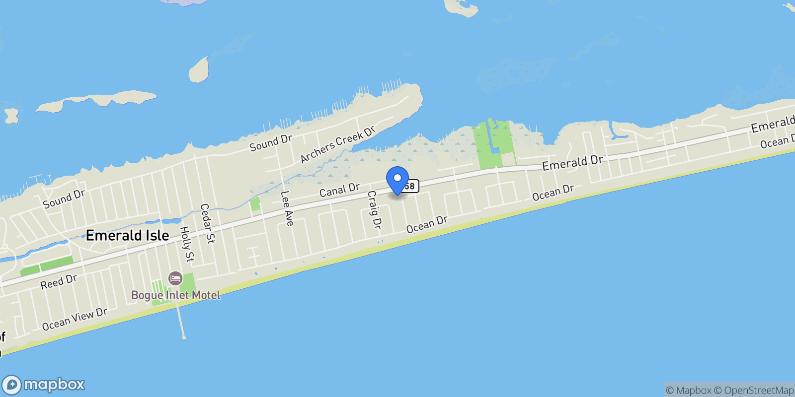 Map showing 119 Indigo Drive, Emerald Isle, NC 28594, Emerald Isle, North Carolina, United States.