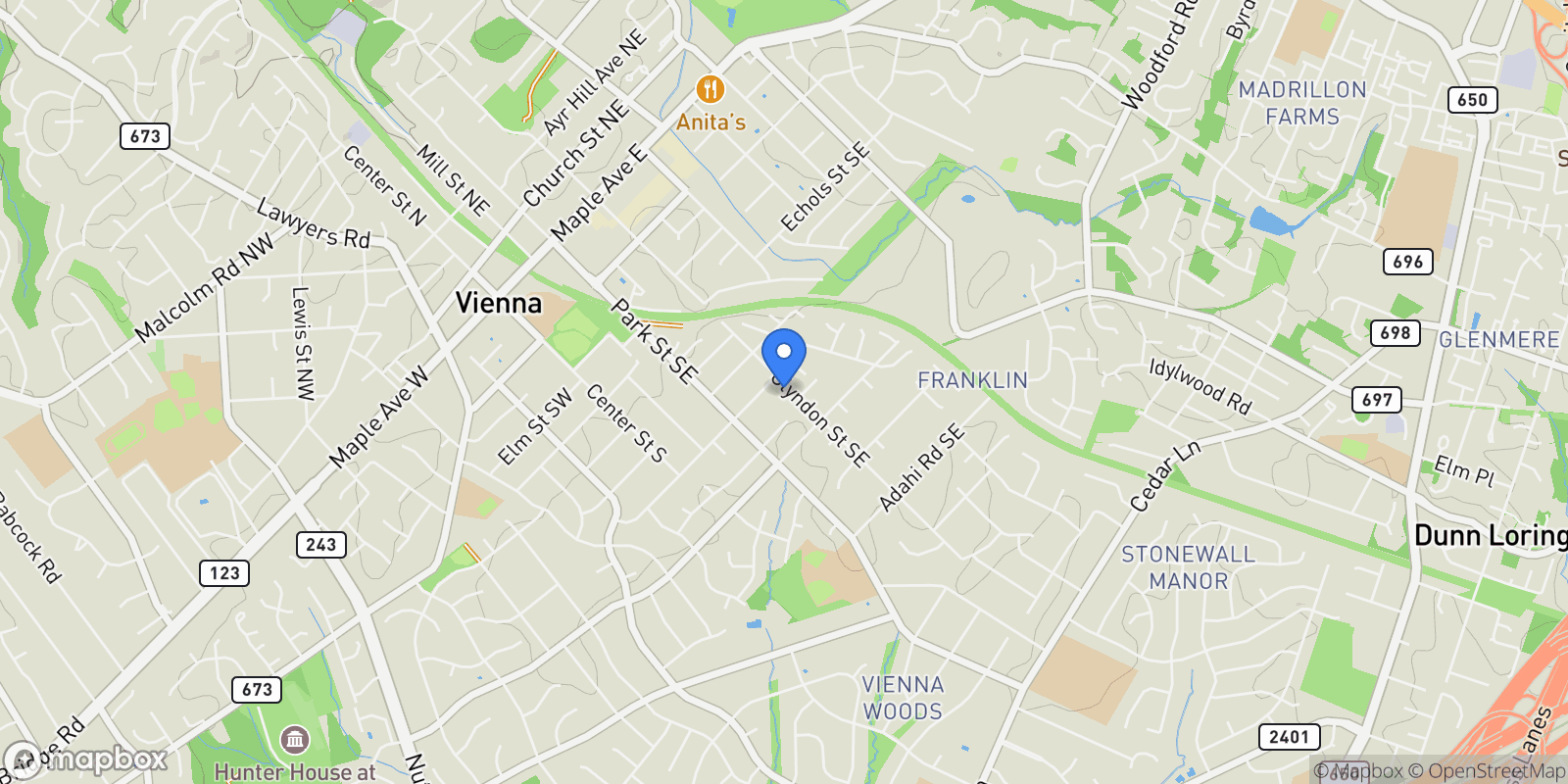 Map showing 805 Glyndon Street SE, Vienna, VA 22180, Vienna, Virginia, United States.