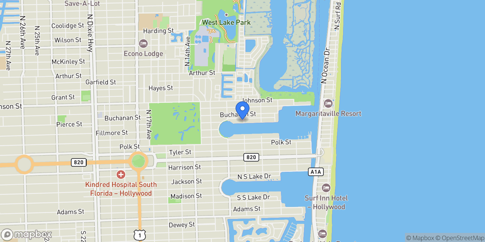 Map showing 1100 N Northlake Dr, Hollywood, Florida, United States.