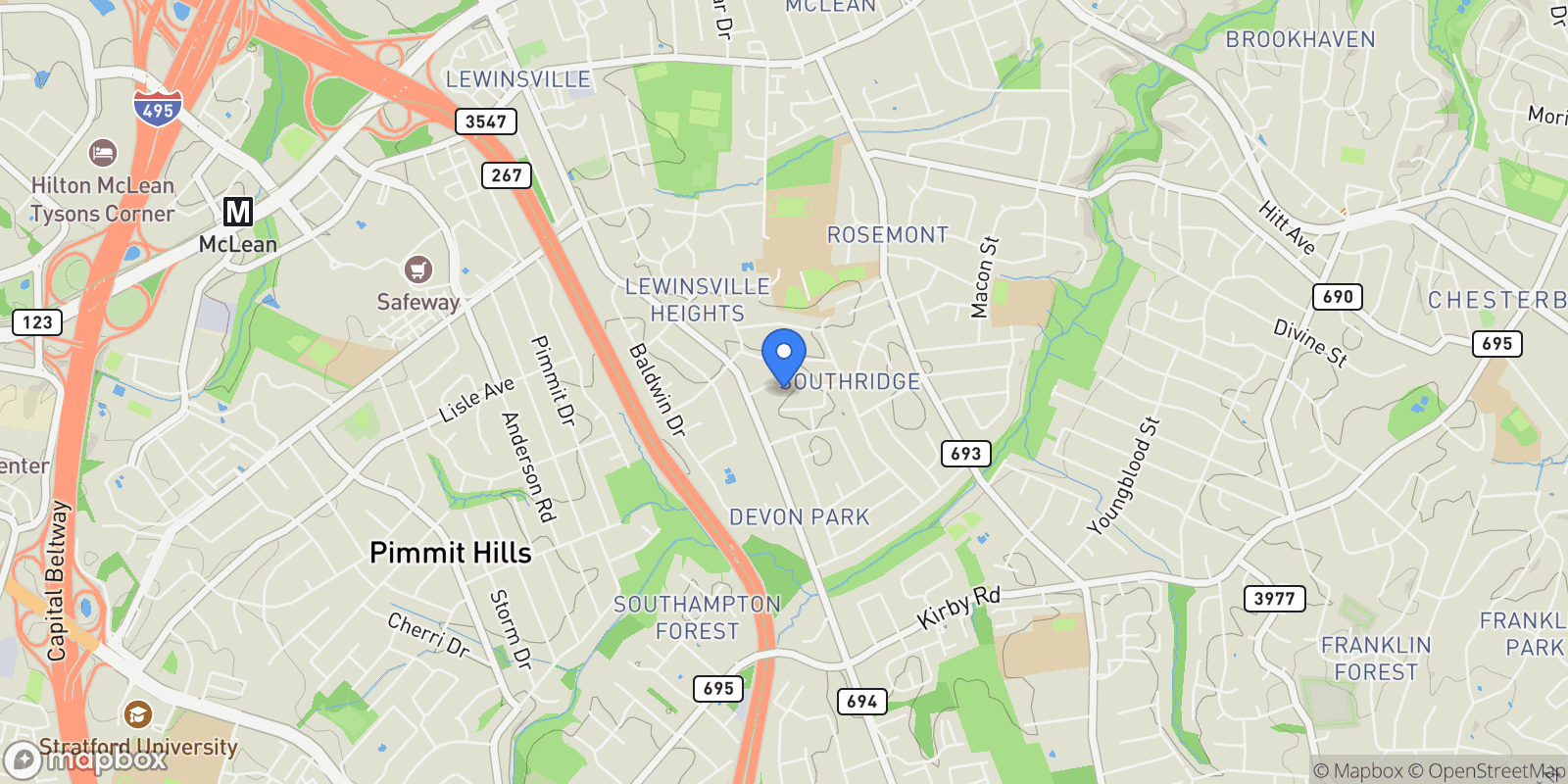 Map showing 6935 Southridge Drive, Mclean, VA 22101, McLean, Virginia, United States.