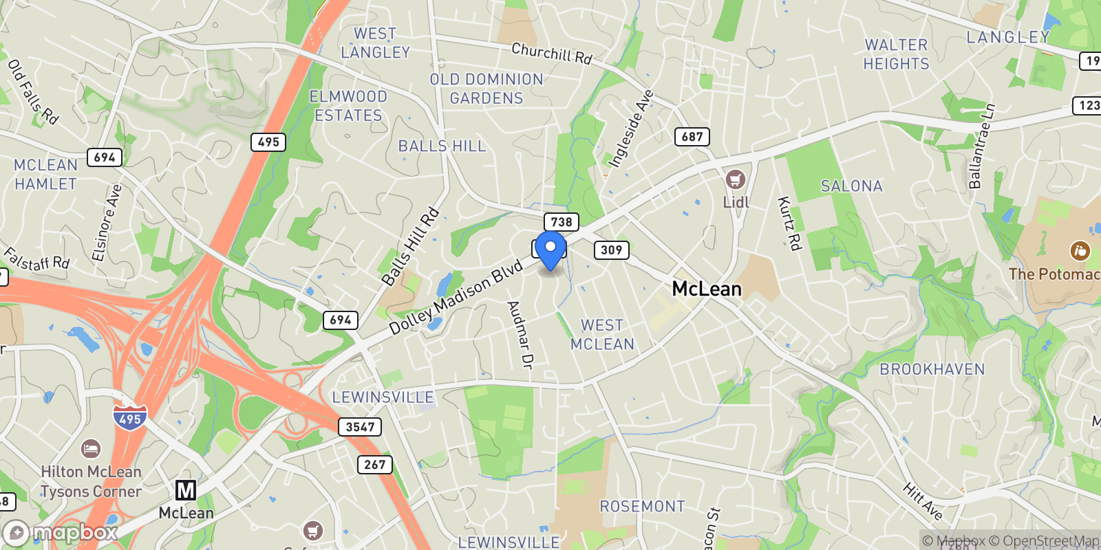 Map showing 1402 Pathfinder Lane , Mclean, VA 22101, McLean, Virginia, United States.