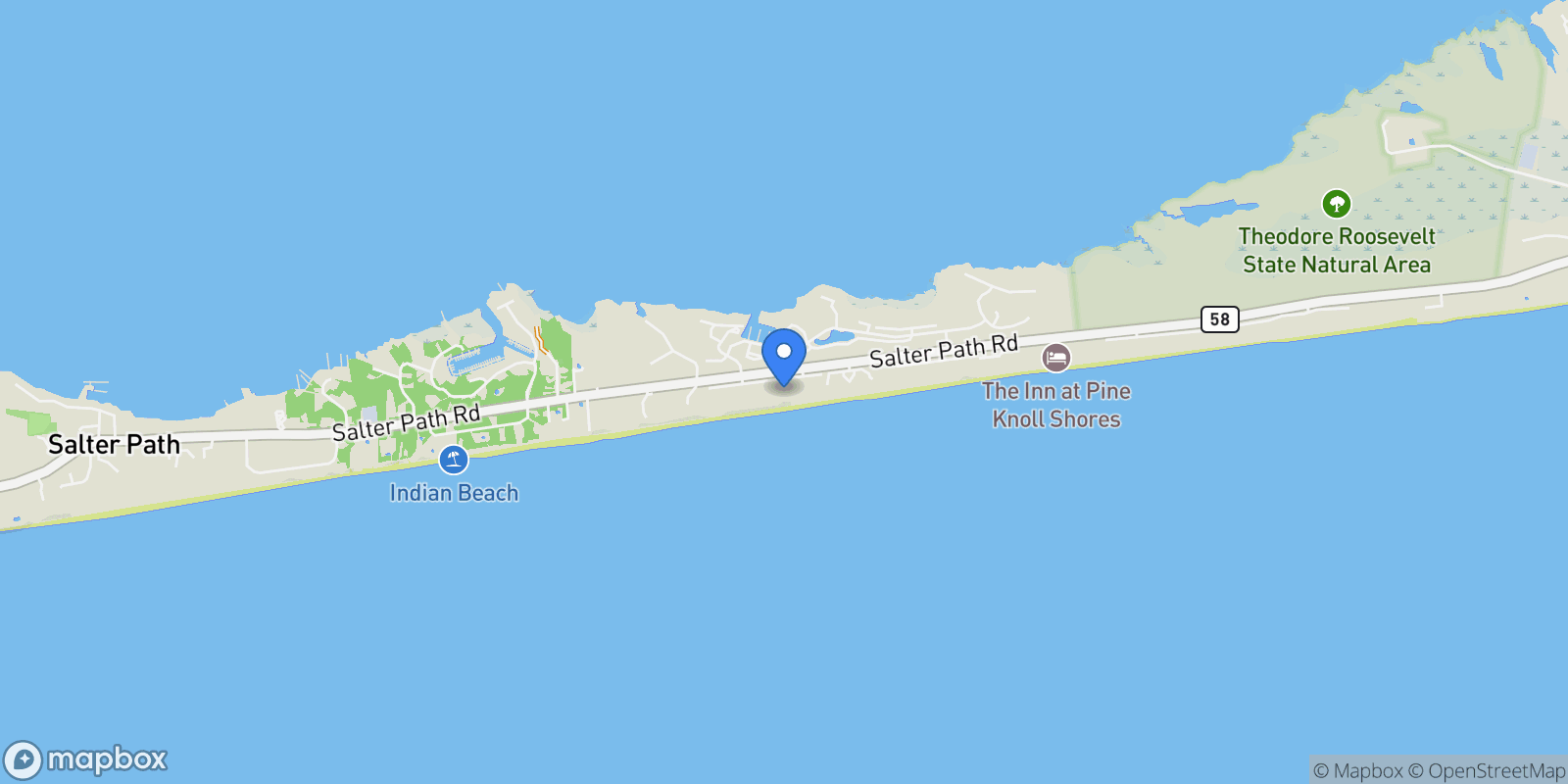 Map showing 585 Forest Dunes Drive, Pine Knoll Shores, NC 28512, Pine Knoll Shores, North Carolina, United States.