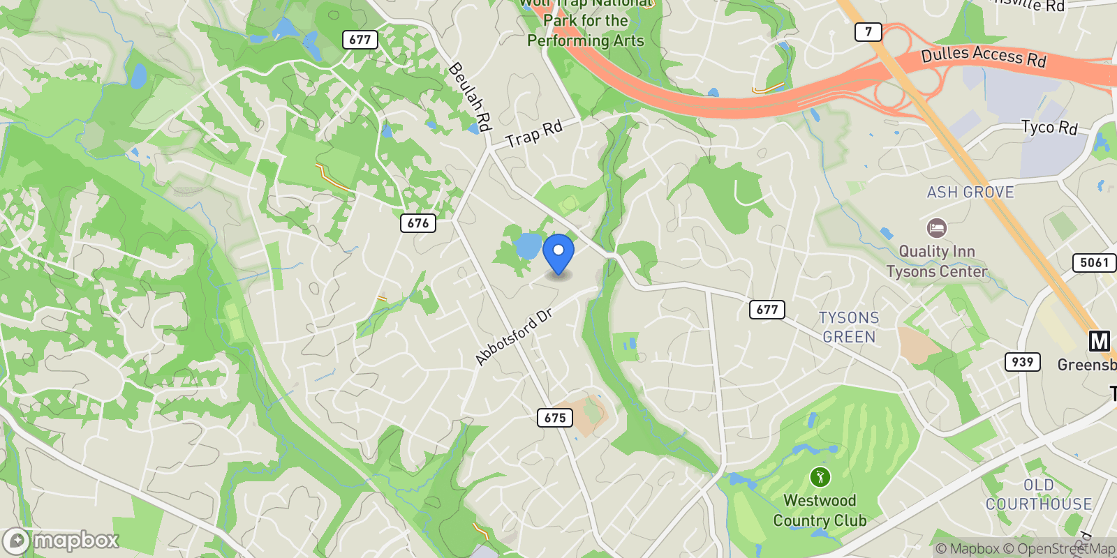 Map showing 1767 Proffit Road, Vienna, VA 22182, Vienna, VA, United States.