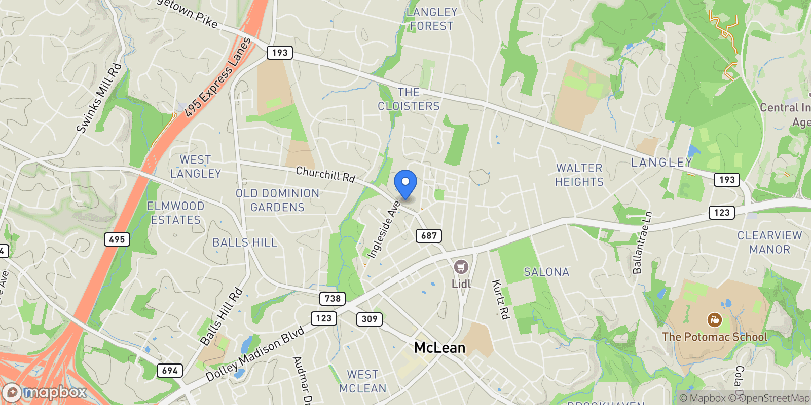 Map showing 6884 Churchill Road, Mclean, VA 22101, McLean, Virginia, United States.