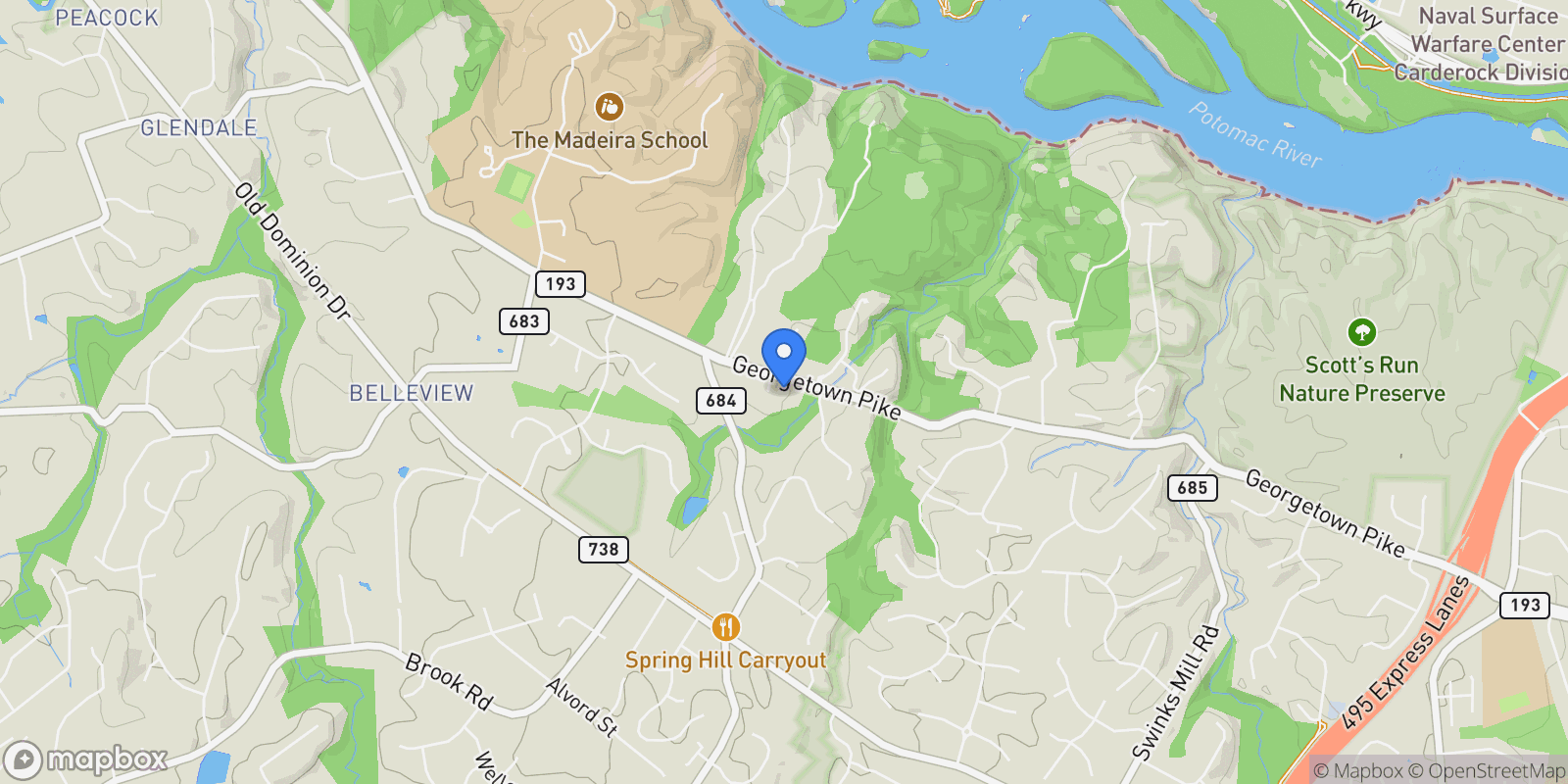 Map showing 8023 Georgetown Pike, Mclean, VA 22102, McLean, Virginia, United States.
