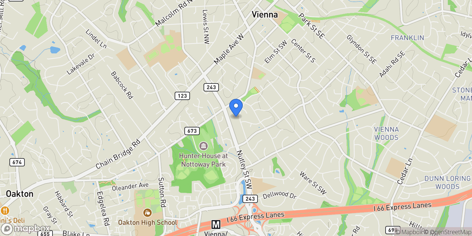 Map showing 609 Meadow Lane SW, Vienna, VA 22180, Vienna, Virginia, United States.