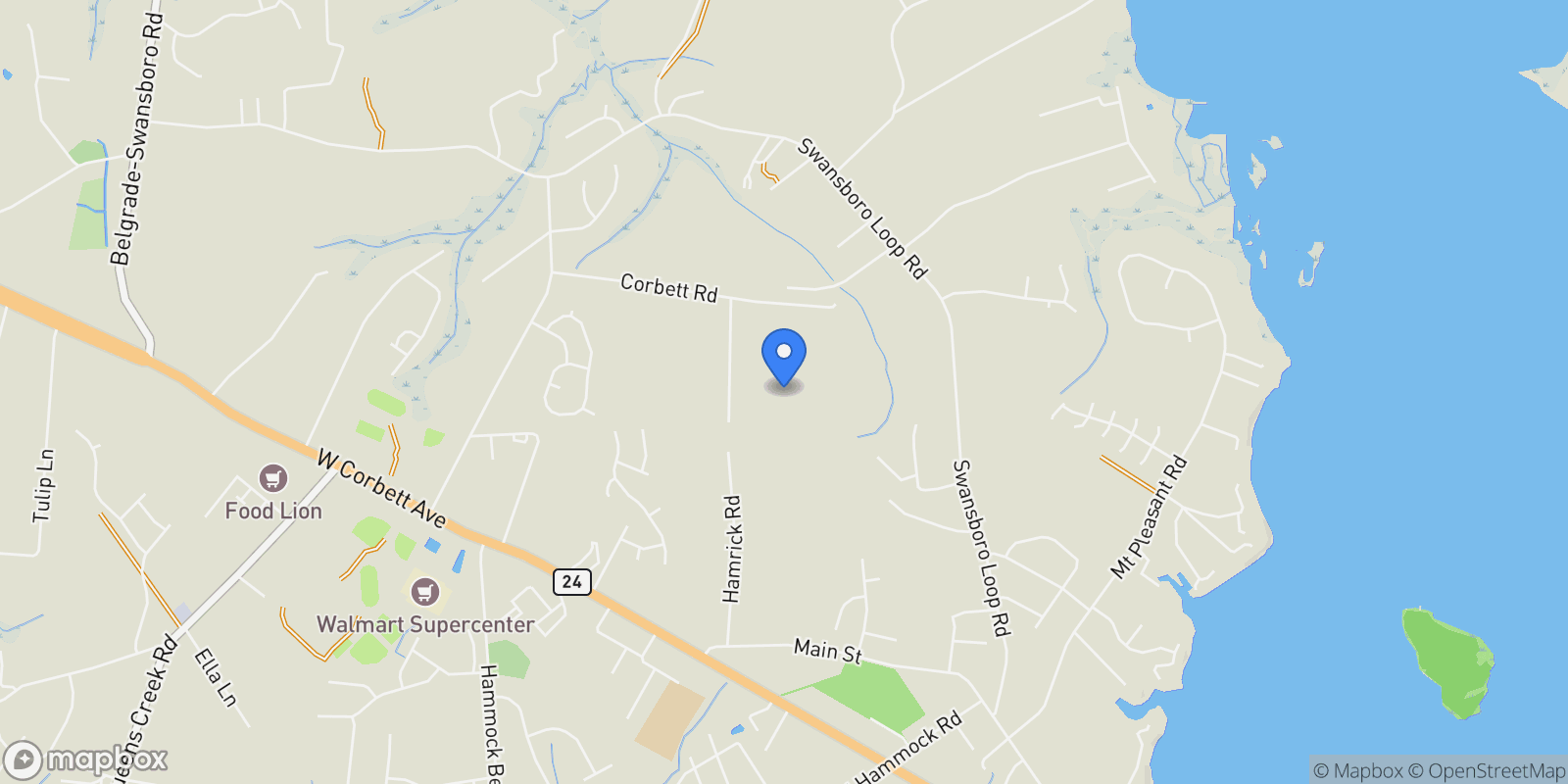 Map showing 161 Howard Lane, Swansboro, NC 28584, Cedar Point, North Carolina, United States.