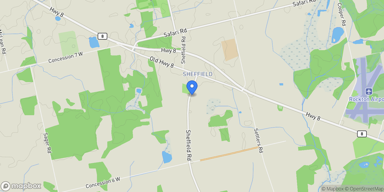 Map showing 1216 Sheffield Road, Flamborough, ON L0R 1Z0, Hamilton, Ontario, Canada.