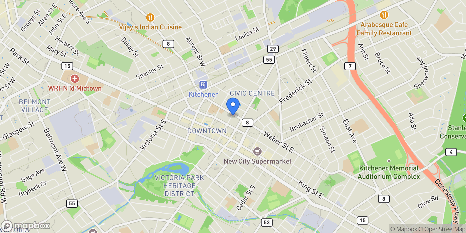 Map showing 21 Weber Street W, Kitchener, ON N2H 3Y9, Kitchener, Ontario, Canada.