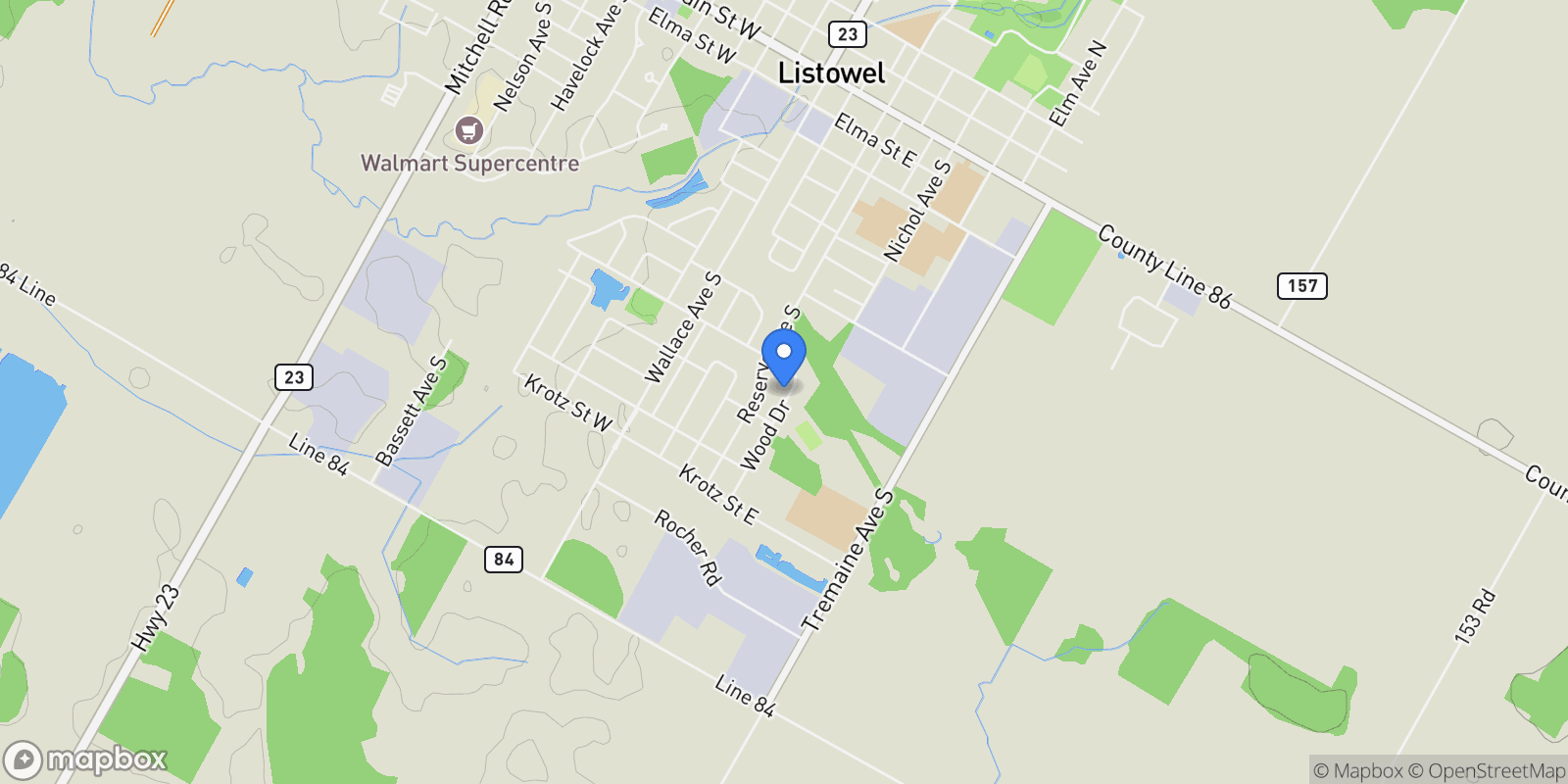 Map showing 855 Wood Drive, Listowel, ON N4W 0B7, Listowel, Ontario, Canada.