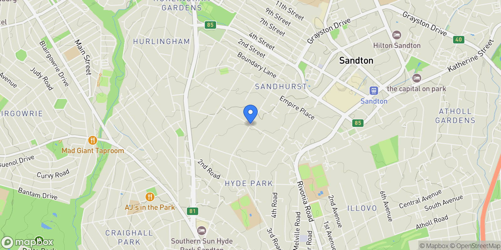 Map showing South Africa Sandton Sandhurst, Sandton, Gauteng, South Africa.