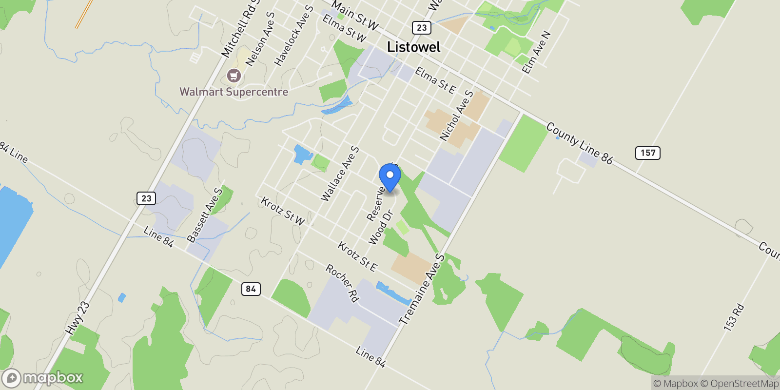Map showing 795 Wood Drive, North Perth, ON N4W 0C4, Listowel, Ontario, Canada.
