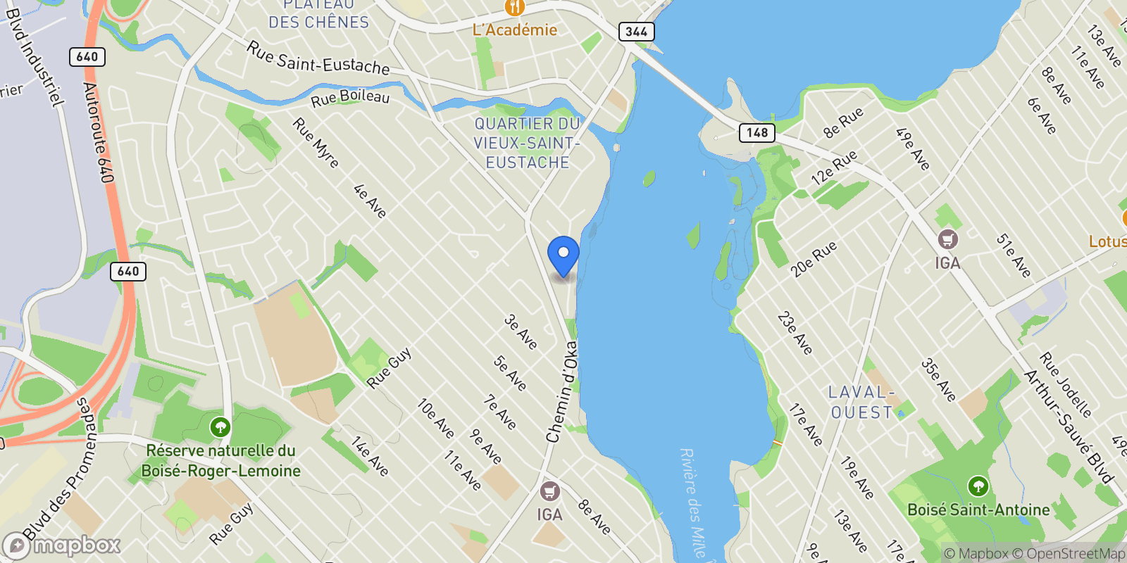 Map showing 27 Rue du Montlevin, Saint-Eustache, Quebec, Canada.