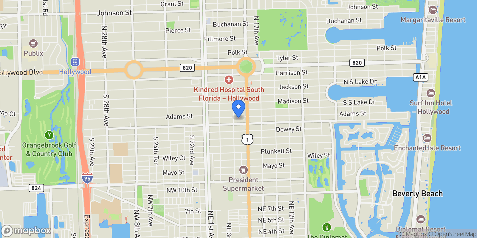 Map showing 1838 Adams St, Hollywood, Florida, United States.