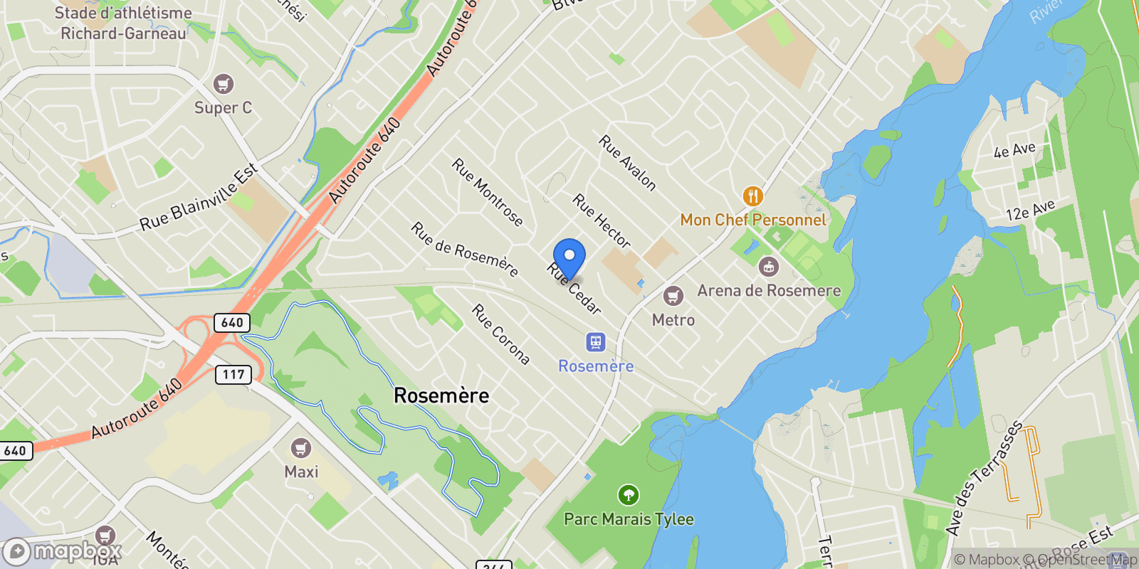 Map showing 67 Rue de l'Andalou, Rosemère, Quebec, Canada.