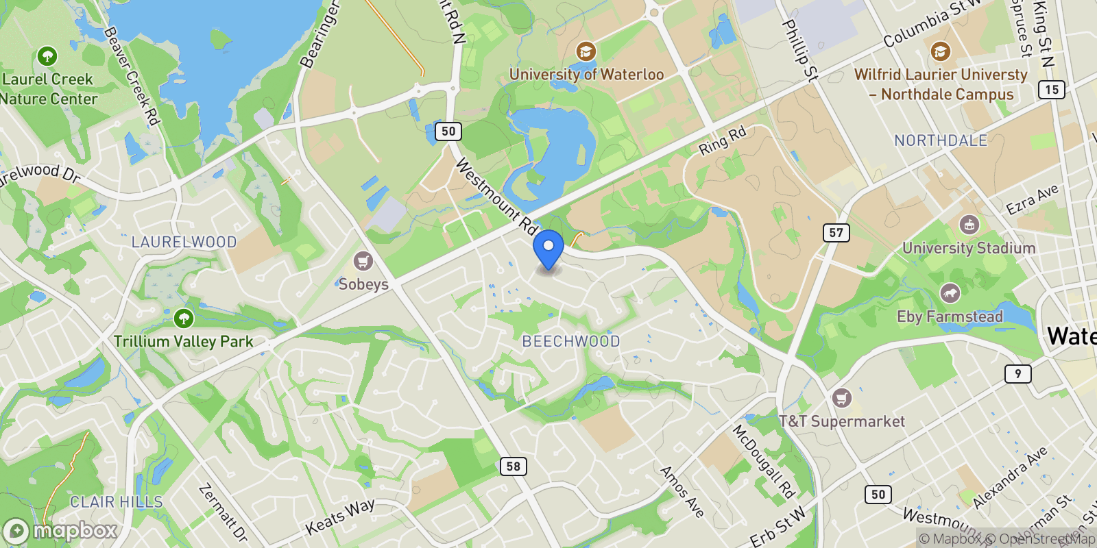 Map showing 38 Academy Crescent, Waterloo, ON N2L 5H7, Waterloo, Ontario, Canada.