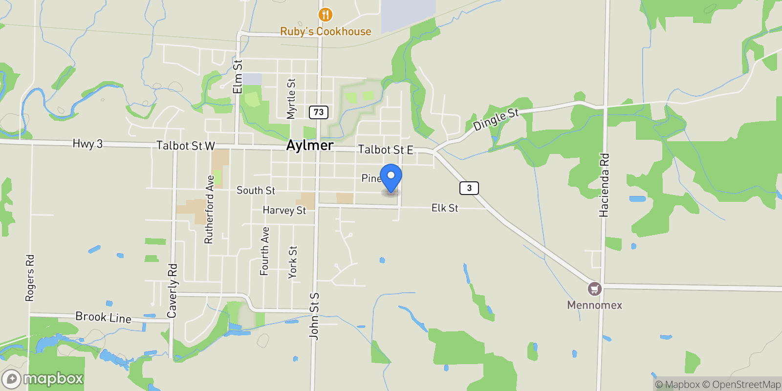 Map showing 104 South Street E, Aylmer, ON N5H 1P8, Aylmer, Ontario, Canada.