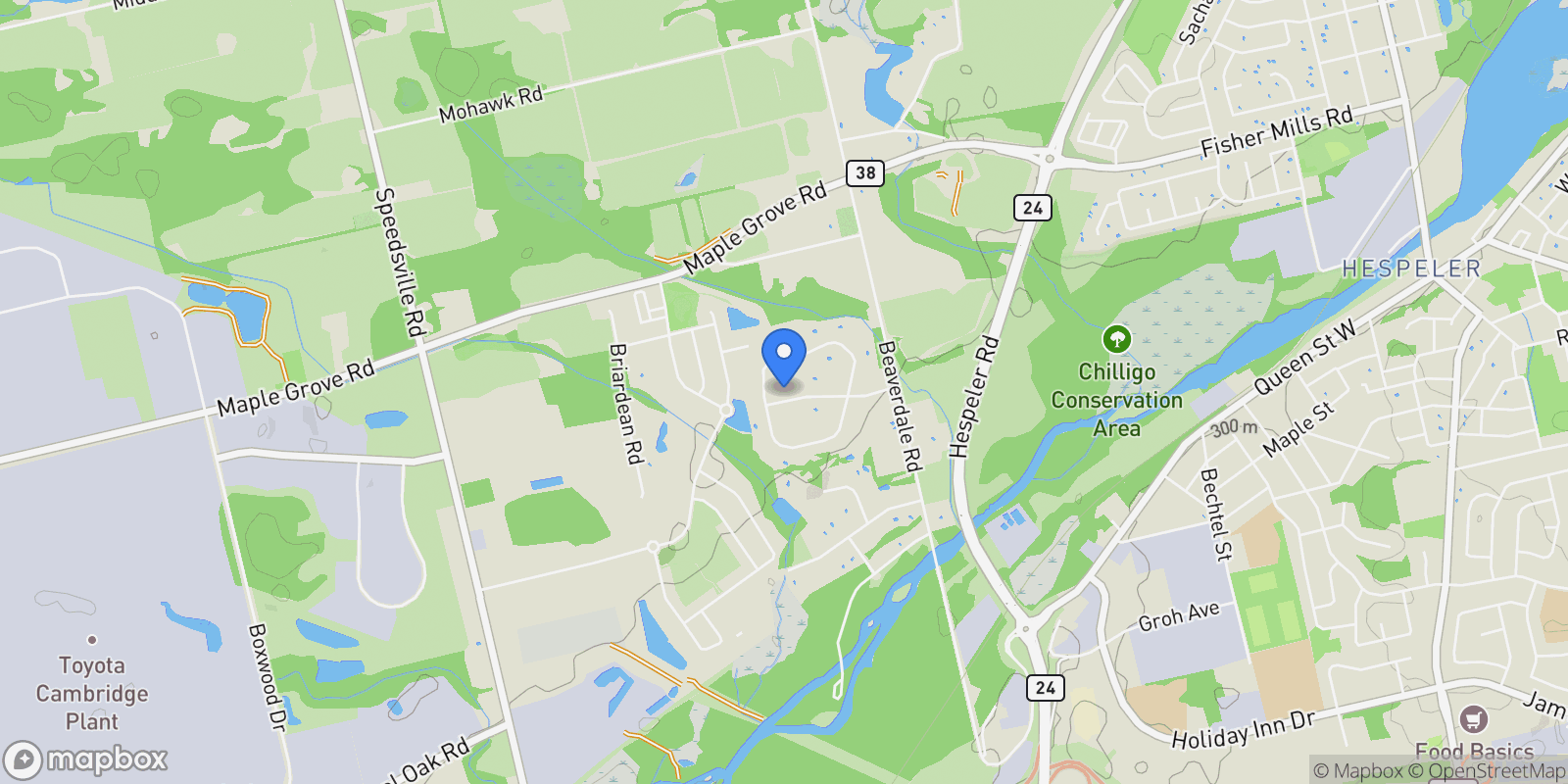 Map showing 1170 Ratcliffe Drive, Waterloo, ON N3E 0B8, Cambridge, Ontario, Canada.