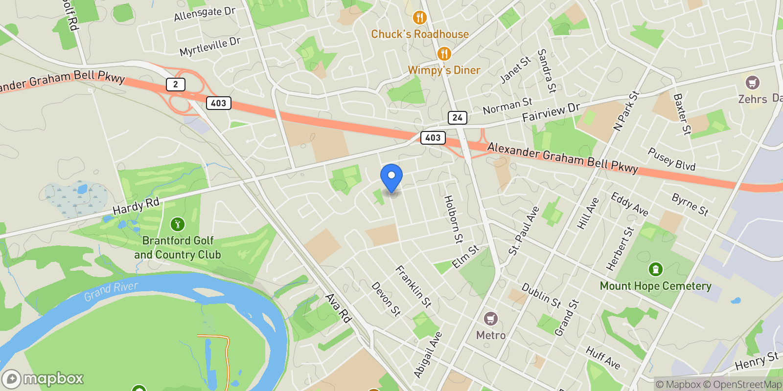 Map showing 50 Grove Crescent, Brantford, ON N3R 4Y6, Brantford, Ontario, Canada.