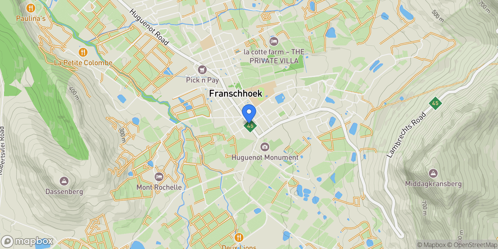 Map showing South Africa Franschhoek Franschhoek, Franschhoek, Western Cape, South Africa.