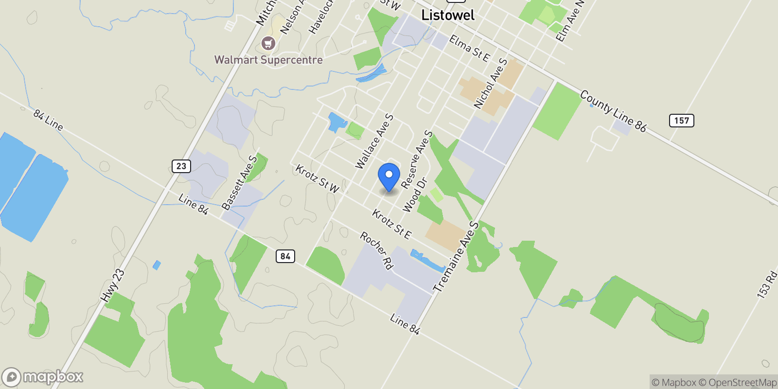 Map showing 97 Forbes Crescent, Listowel, ON N4W 0B8, Listowel, Ontario, Canada.