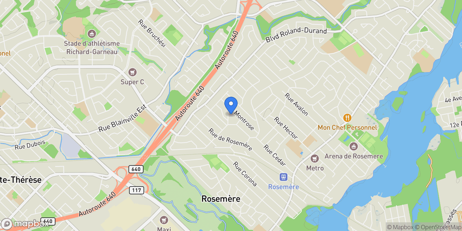Map showing 312 Rue Westward, Rosemère, Quebec, Canada.