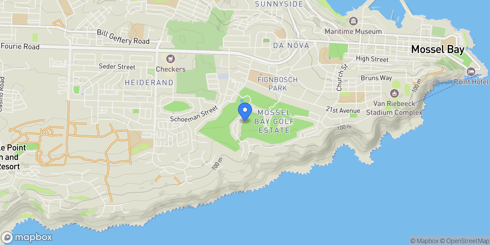 Map showing South Africa Mossel Bay Pinnacle Point Golf Estate, Mossel Bay, Western Cape, South Africa.