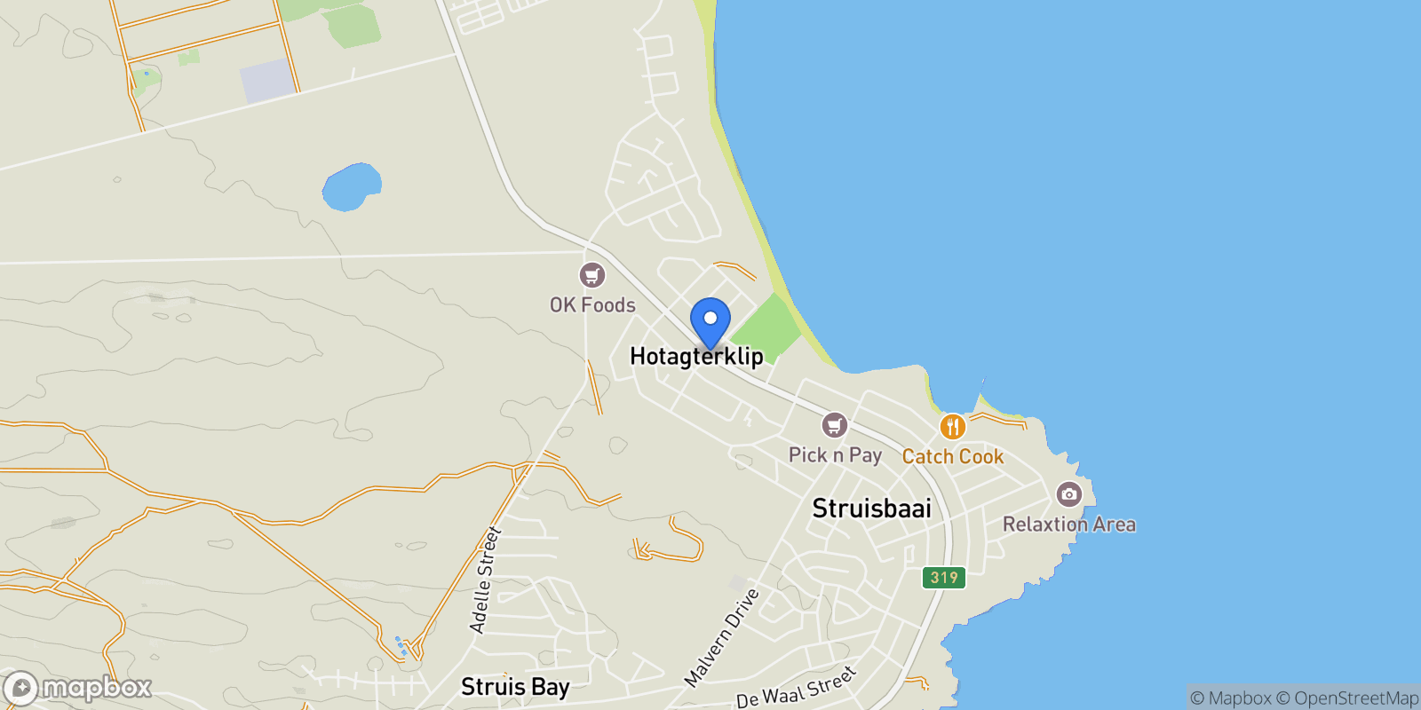Map showing South Africa Struisbaai Struisbaai, Struis Bay, Western Cape, South Africa.
