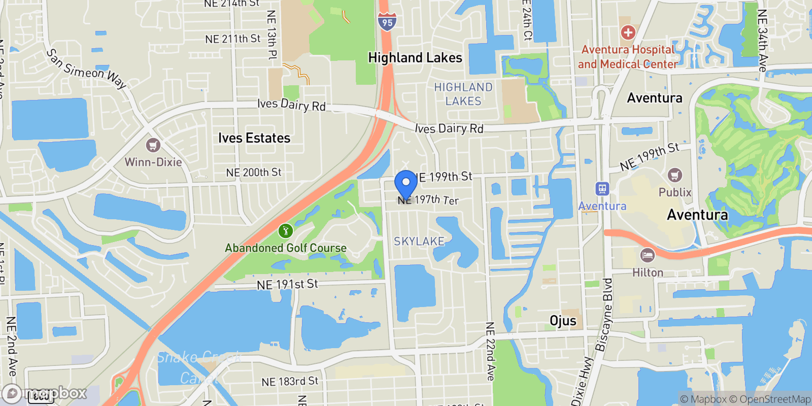Map showing 1870 NE 197th Ter, North Miami Beach, Florida, United States.
