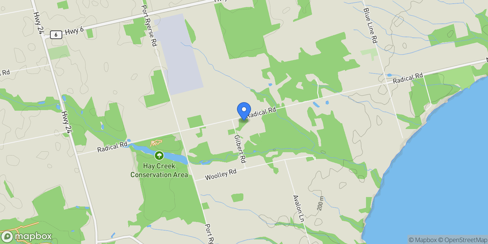 Map showing 250 Radical Road, Norfolk, ON N3Y 4K2, Simcoe, Ontario, Canada.