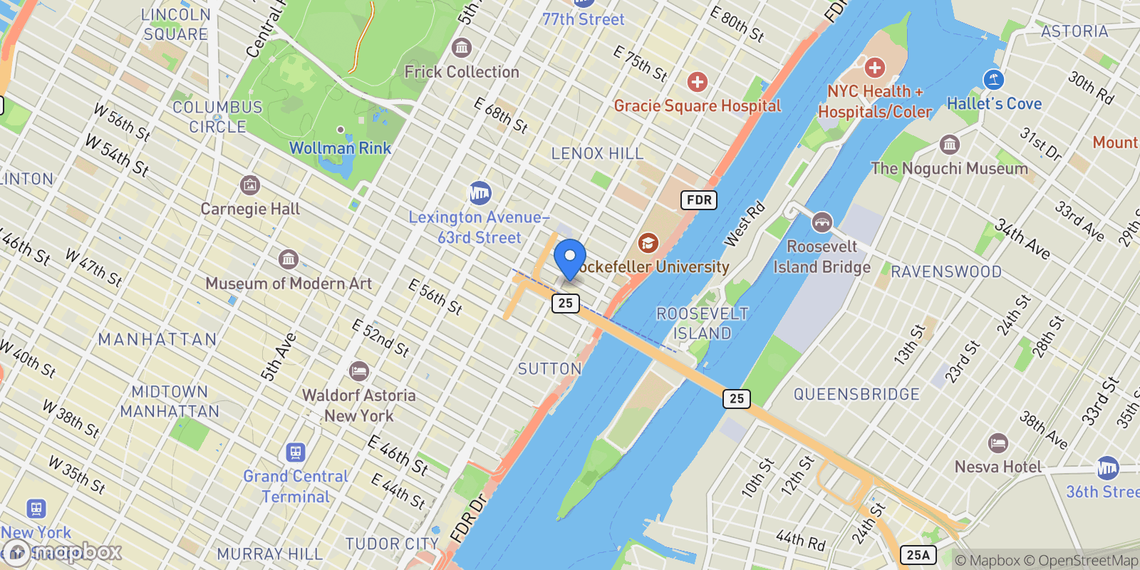 Map showing Bridge Tower Place, 401 E 60TH ST, New York, New York, United States.