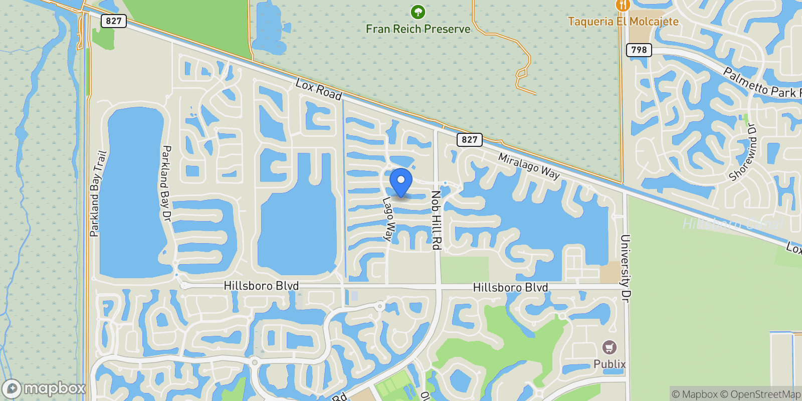 Map showing 10595 S Lago Vista Cir, Parkland, Florida, United States.