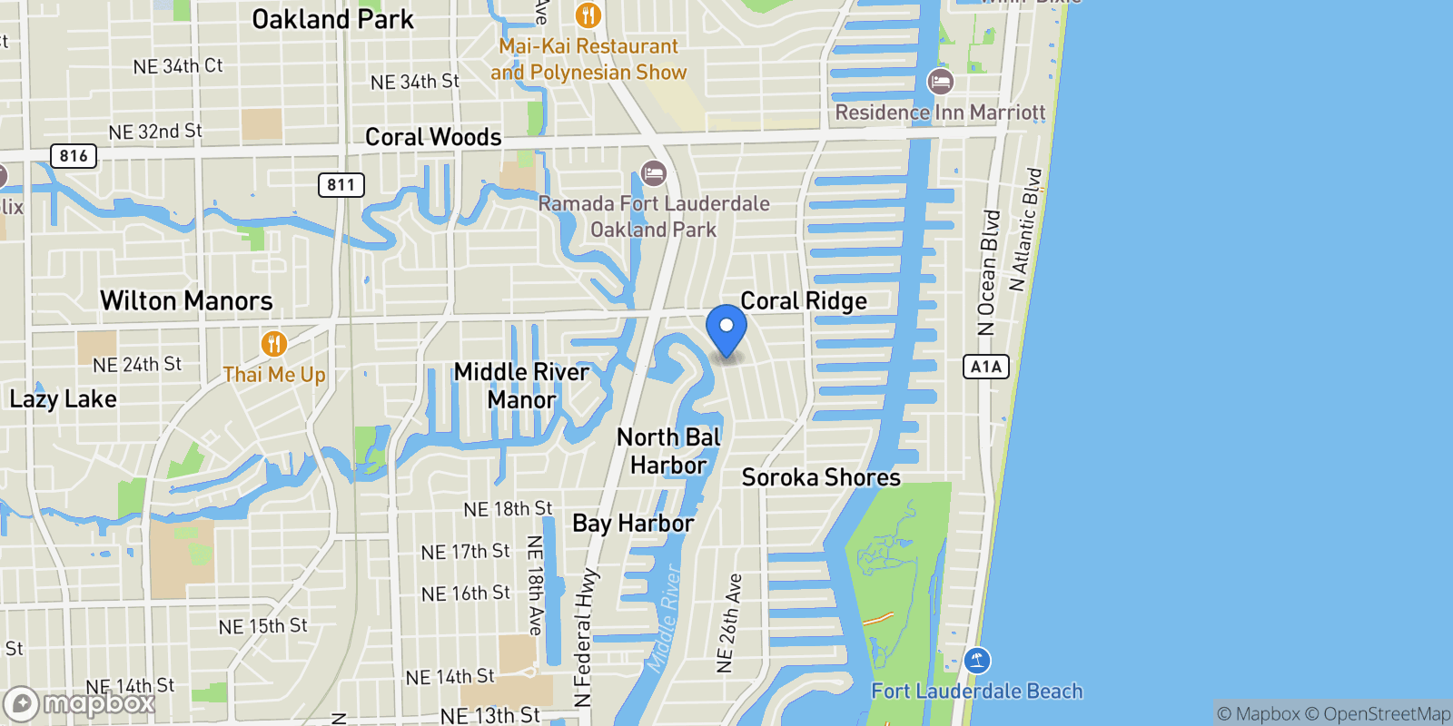 Map showing 2500 Middle River Drive, Wilton Manors, Florida, United States.
