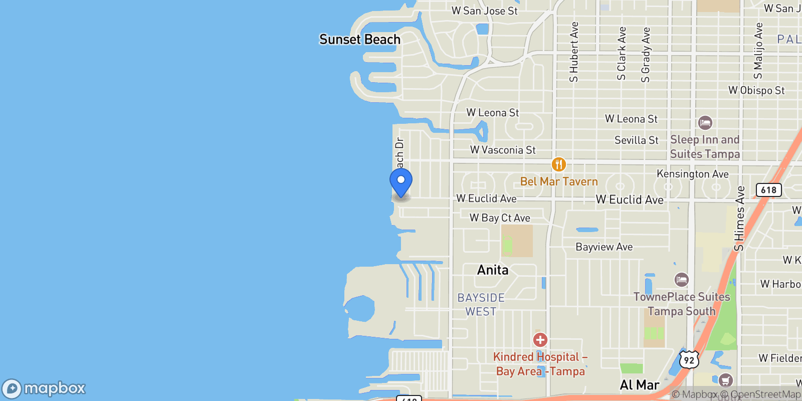Map showing 3630 S Beach Drive, Tampa, FL 33629, Tampa, Florida, United States.