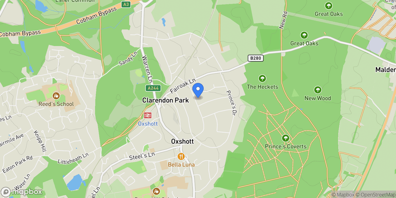 Map showing Broomfield Ride, Oxshott, Surrey, Oxshott, England, United Kingdom.