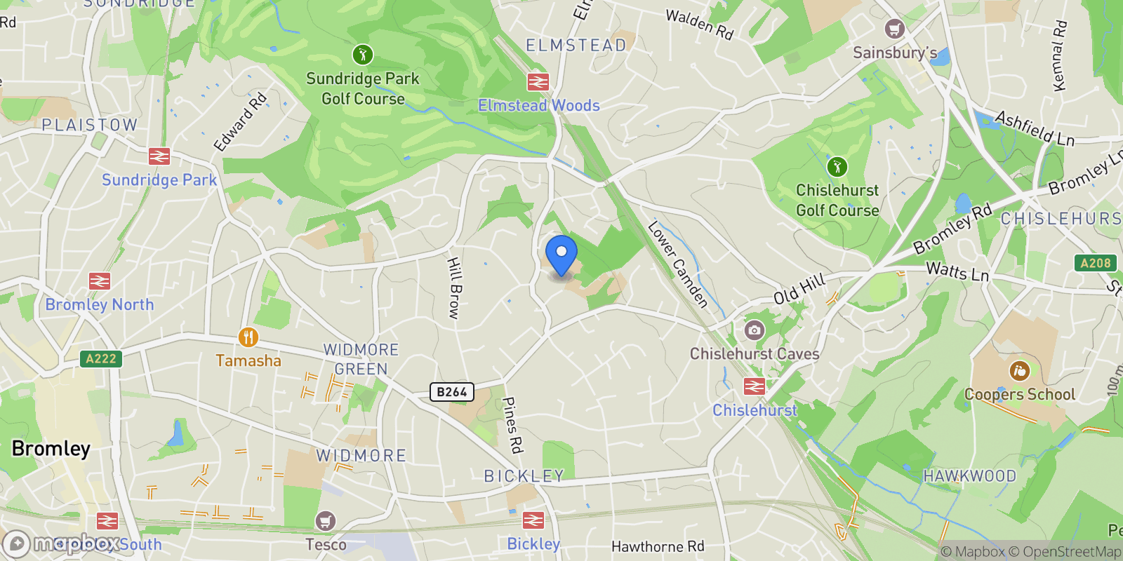 Map showing Logs Hill Close, Chislehurst, Bromley, England, United Kingdom.