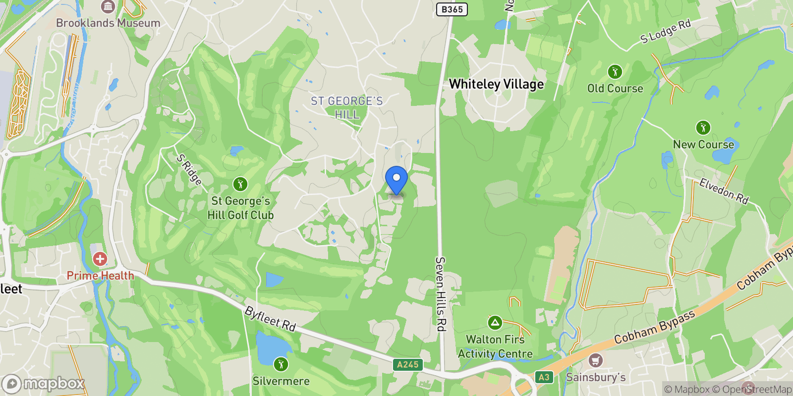 Map showing Rodona Road, St George's Hill, Weybridge, Surrey, Addlestone, England, United Kingdom.