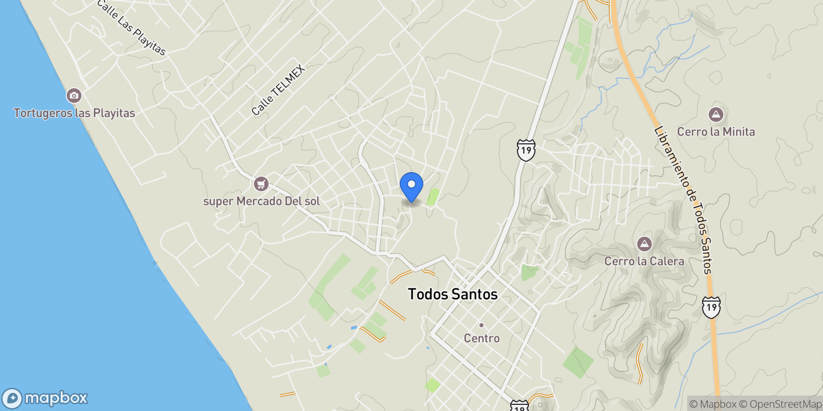 Map showing 50 C. Horizonte, Todos Santos, Baja California Sur, Mexico.