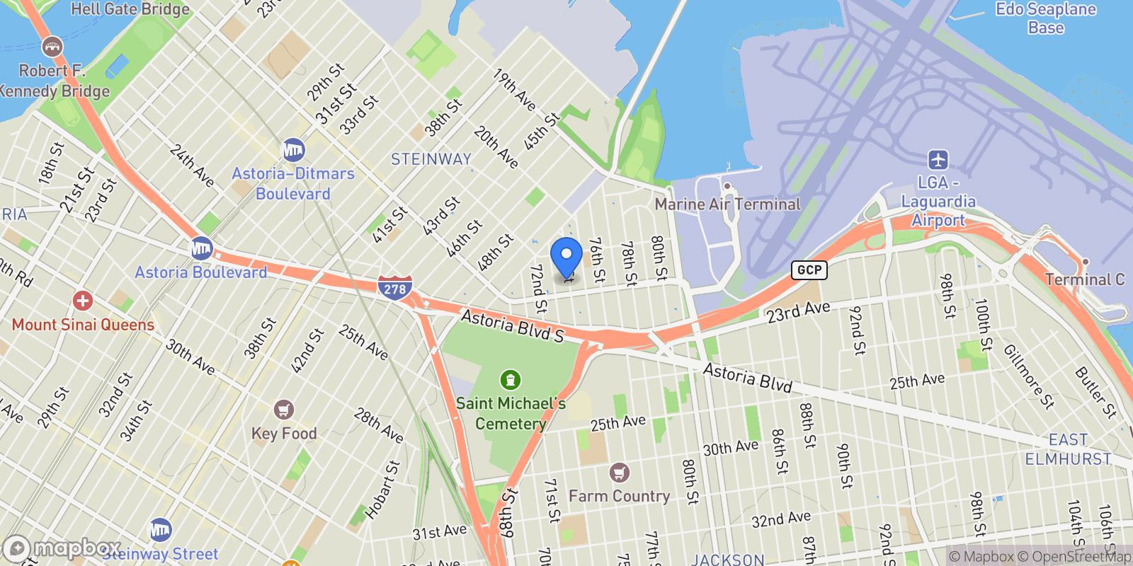 Map showing 21-46 74th St, East Elmhurst, Queens, NY 11370, New York, New York, United States.