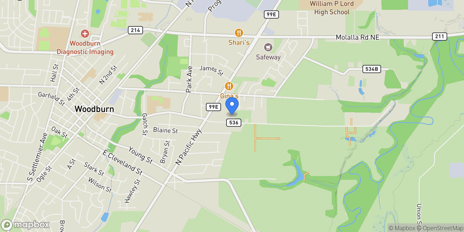 Map showing 1600 E Blk Lincoln RD, Woodburn, Oregon, United States.
