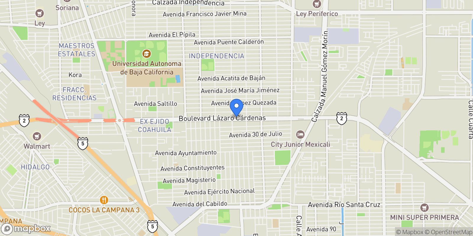 Map showing 1215 Blvd. Lazaro Cardenas 1215, Mexicali, Baja California, Mexico.