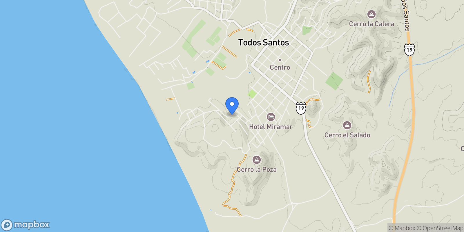 Map showing LA POZA OFFERING SELLER FINANCING, Todos Santos, Baja California Sur, Mexico.