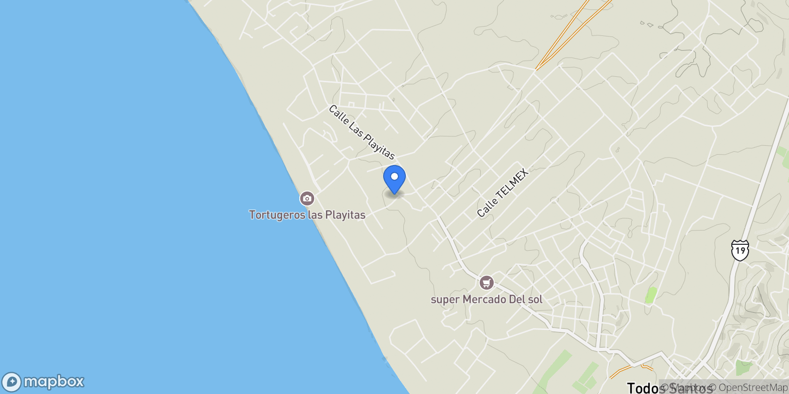 Map showing Camino al Cielo, Todos Santos, Baja California Sur, Mexico.