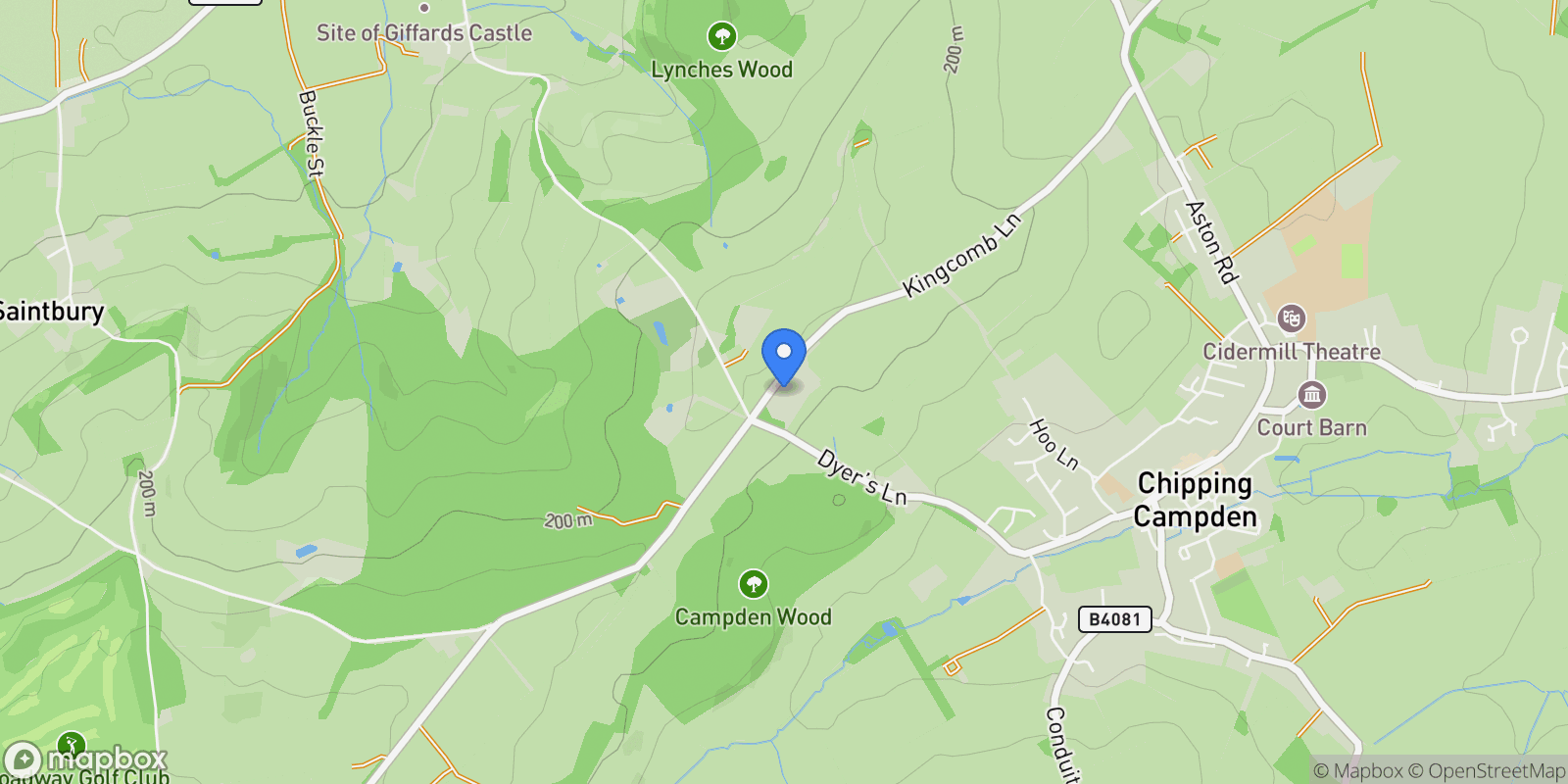 Map showing Kingcombe Lane, Chipping Campden, Gloucestershire, Weston Subedge, England, United Kingdom.