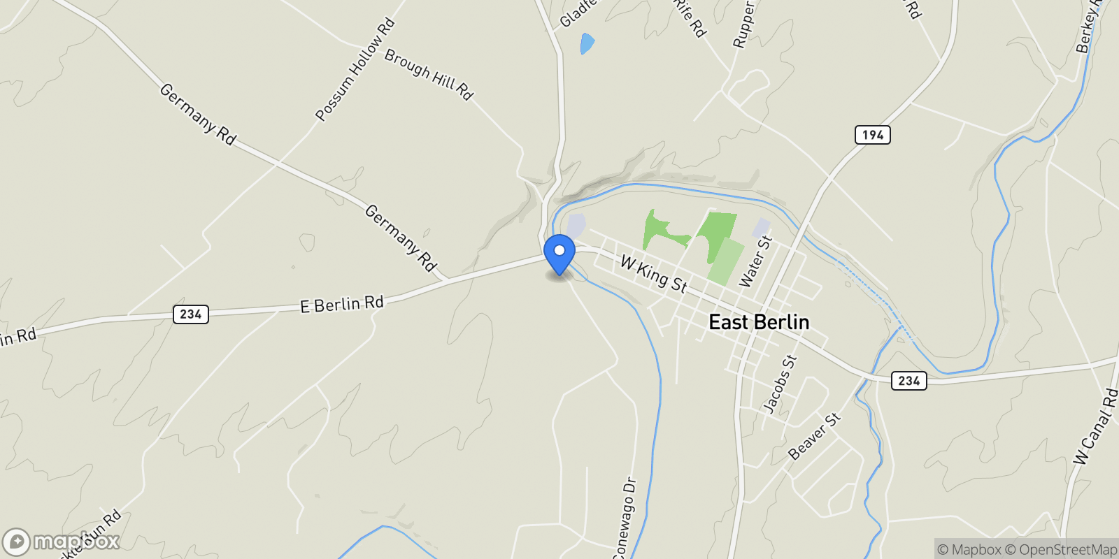 Map showing 39 KUHN FORDING RD ROAD, EAST BERLIN, PA 17316, East Berlin, Pennsylvania, United States.