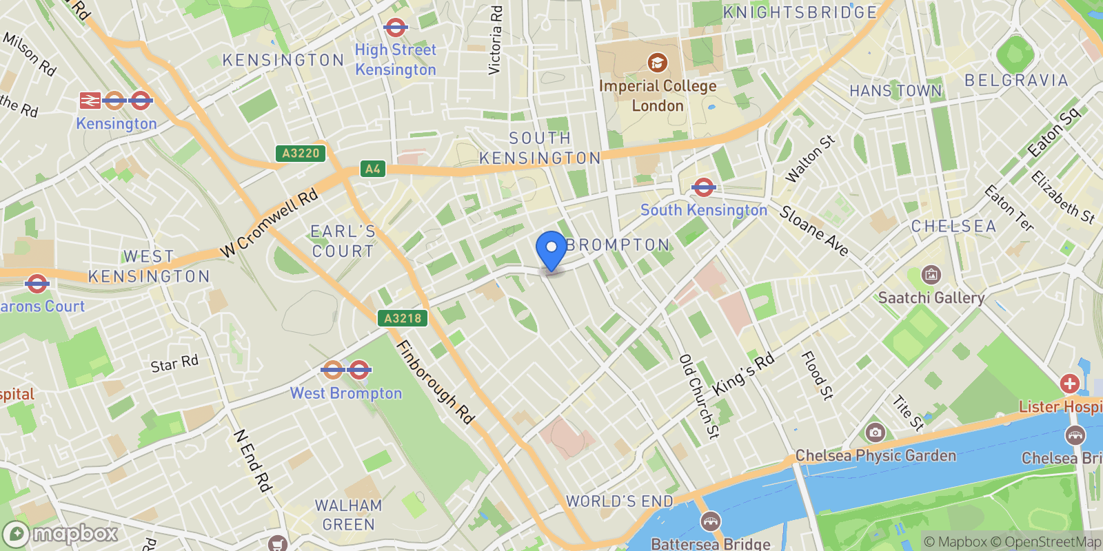 Map showing Old Brompton Road, London, London, England, United Kingdom.