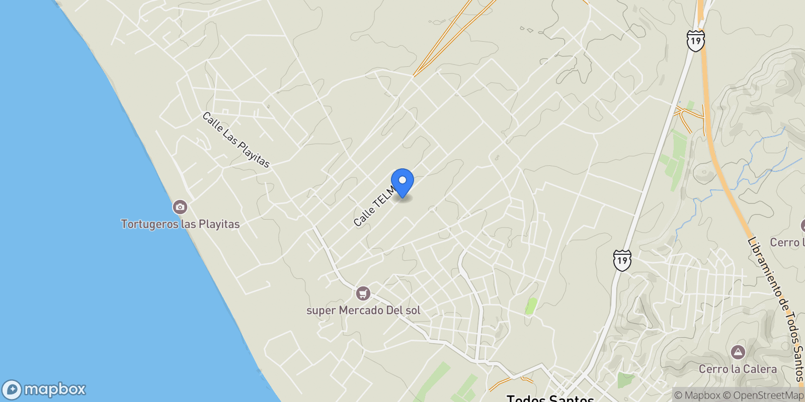 Map showing Calle Molusco, Todos Santos, Baja California Sur, Mexico.